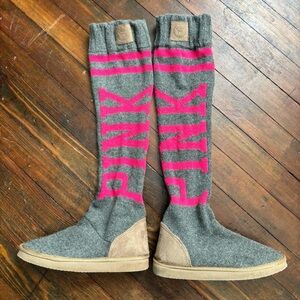 Victoria’s Secret PINK Knit Boot Slippers Gray Pink Logo Tall Slipper Boots S